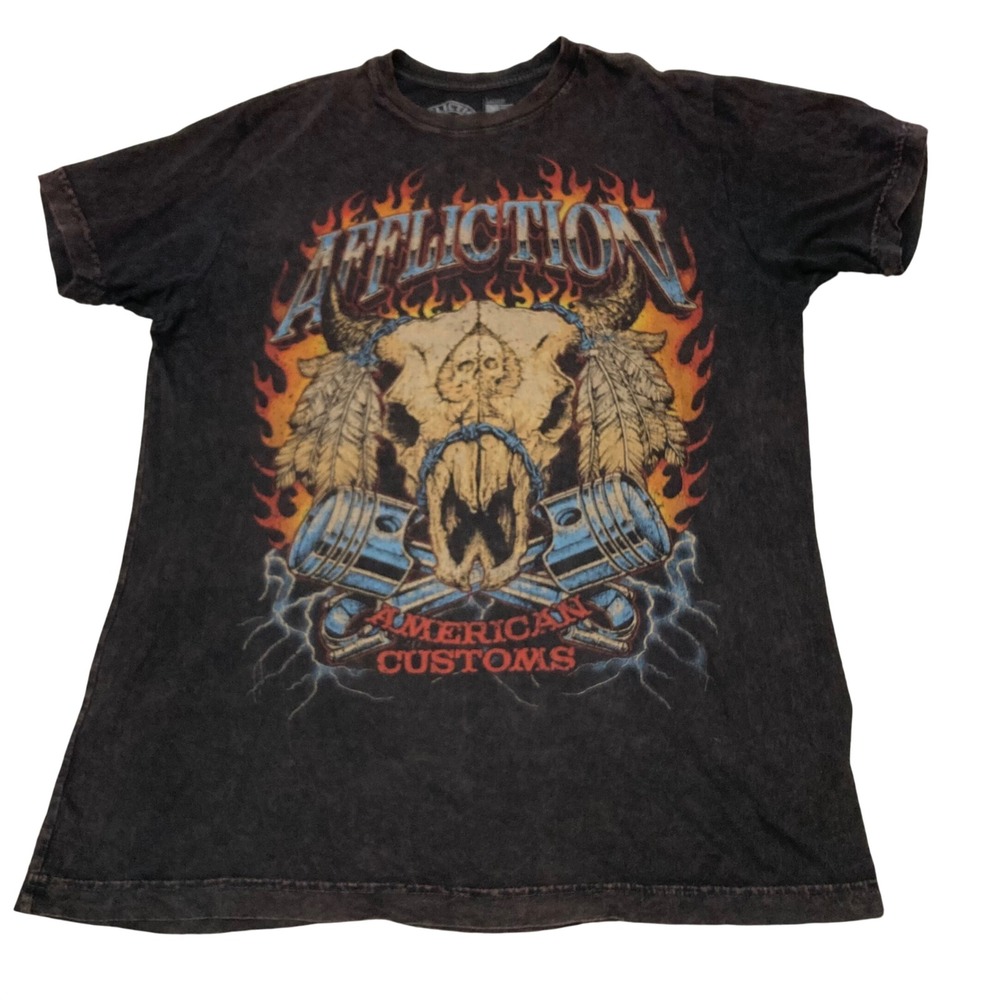 Affliction American Customs T-Shirt Mens Large Black Skull Flame Graphic Y2K MMA